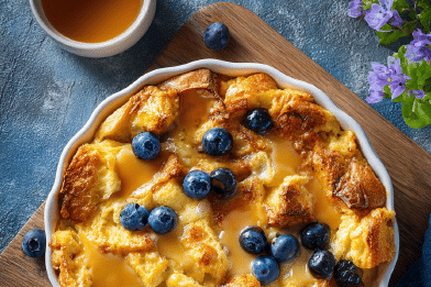 Blueberry Bread Pudding Maple Sauce