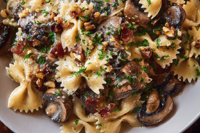 Farfalle with Mushrooms and Crispy Pancetta