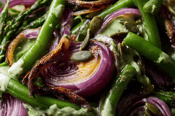 Green Veggie Salad with Roasted Shallots