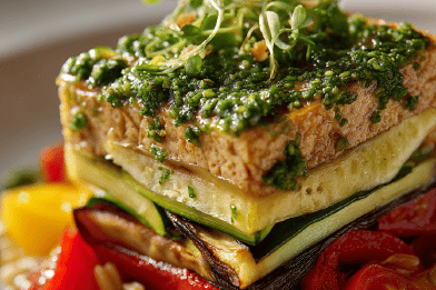 Grilled Tofu Orzo Stack