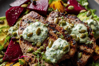 Grilled Veal with Avocado Beet Salad