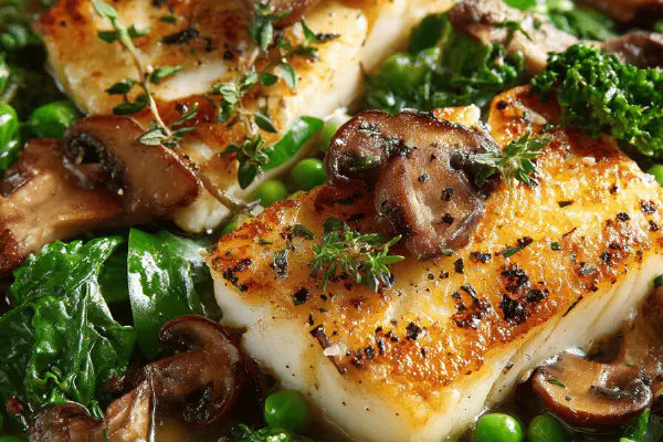 Seared Halibut with Mushrooms and Greens
