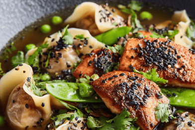 Sesame Salmon Wonton Soup