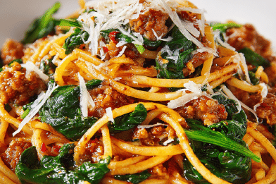 Spaghetti with Chorizo Spinach