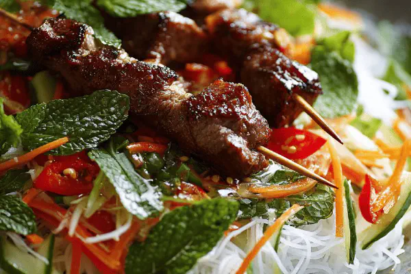 Spicy Noodle Salad Pork Skewers