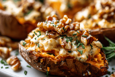 Twisty Cheddar Stuffed Sweet Potatoes