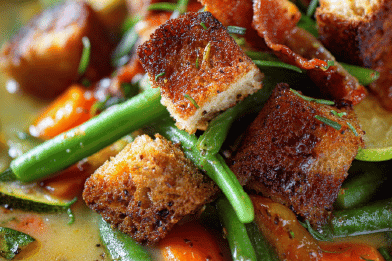 Vegetable Soup with Bacon Croutons